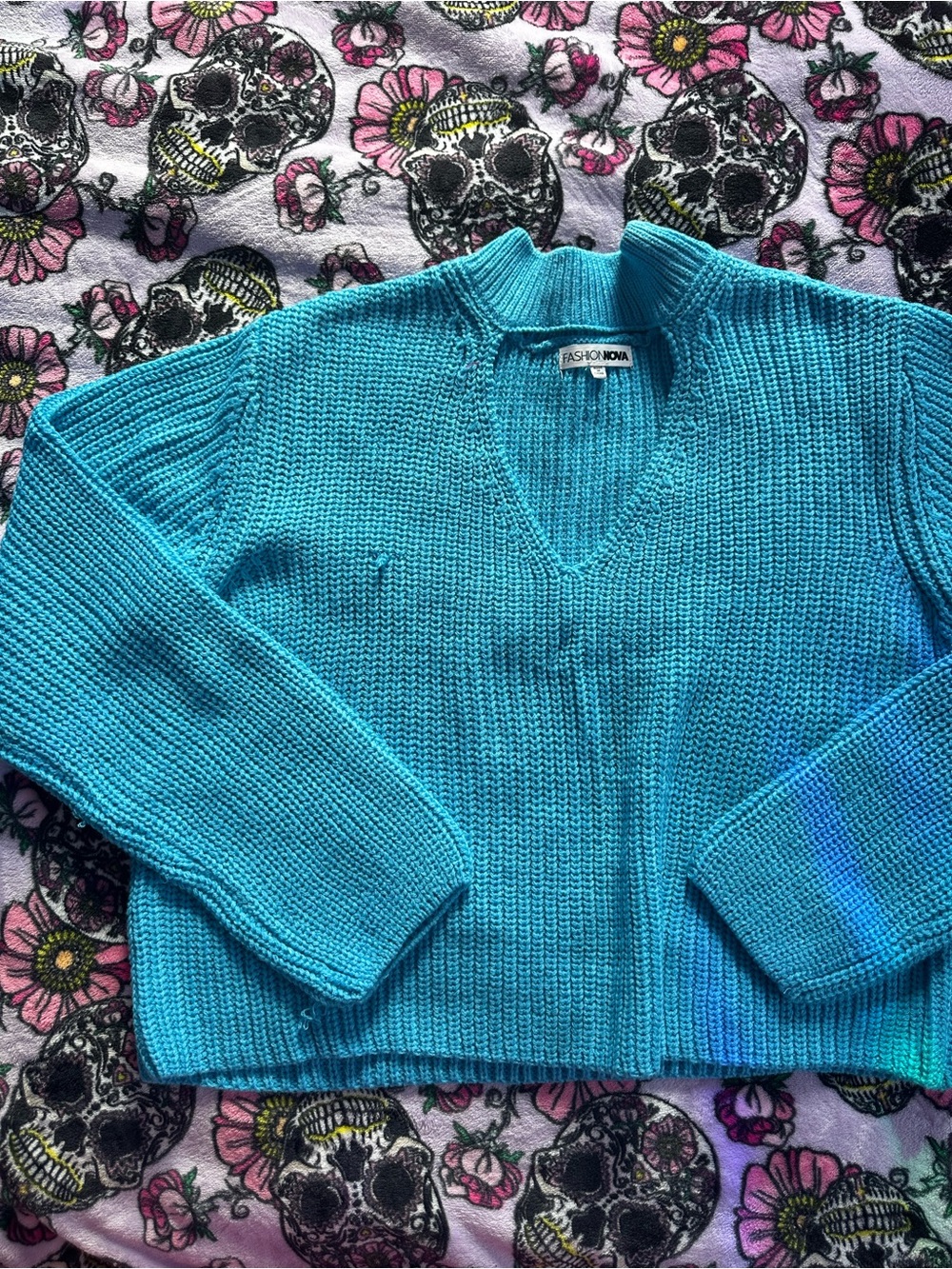 Fashion Nova Bright Teal V-Neck Chunky Knit Sweater